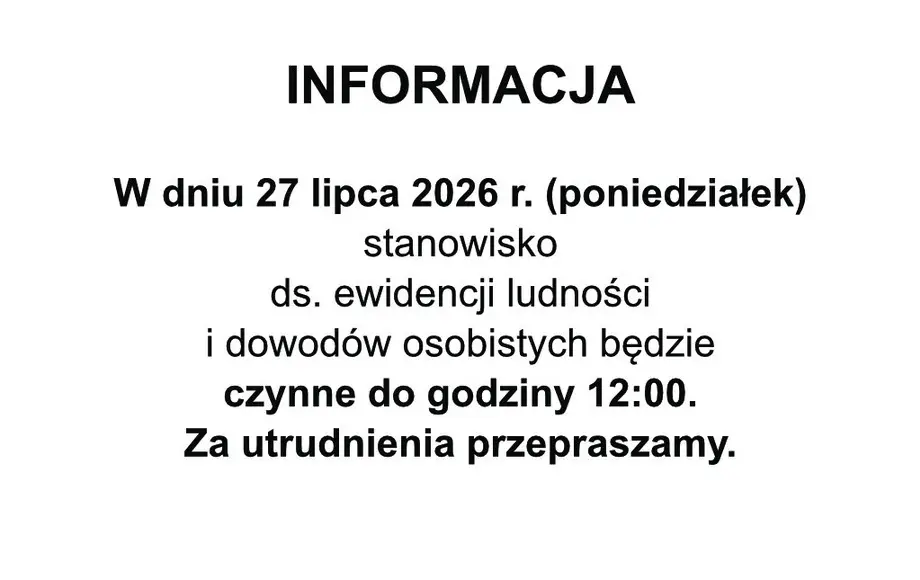 Godziny pracy stanowiska ds. ewidencji ludności 27 lipca 2026 r.